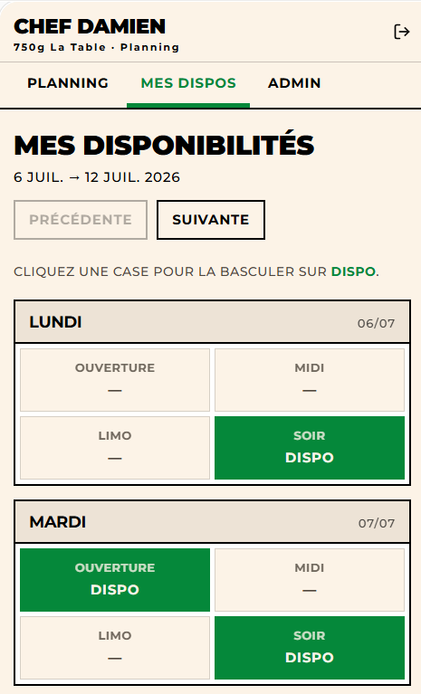 Réalisation d'un outil de gestion de planning pour la restauration — Restaurant 750g la table