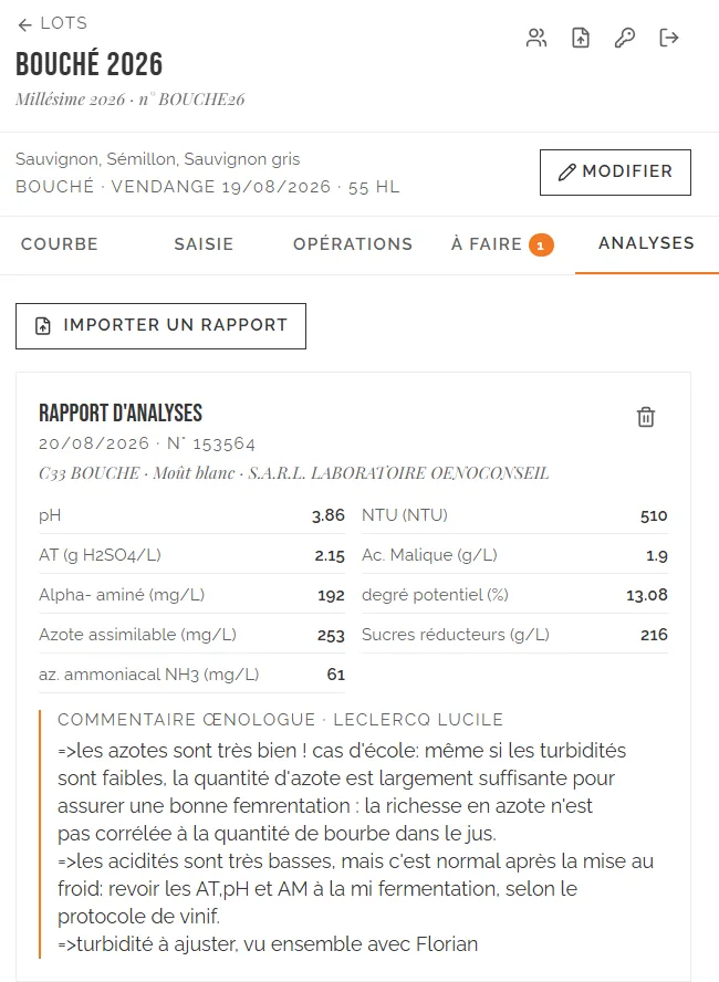 Application de suivi de vinification sur mobile, du chai au laboratoire — Analyse oenologique