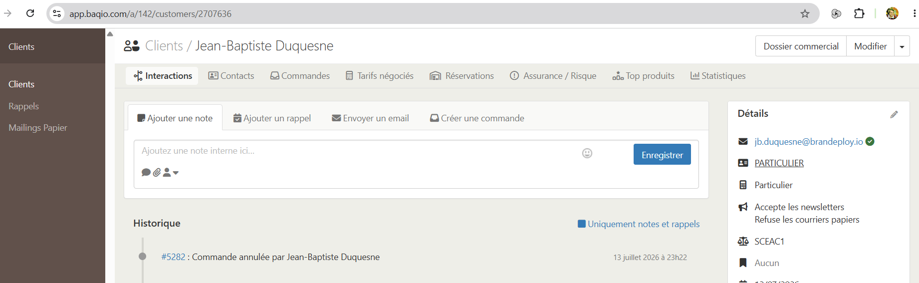 Une intégration commerciale profonde évitant la resaisie de commande — Fiche client dans Baqio
