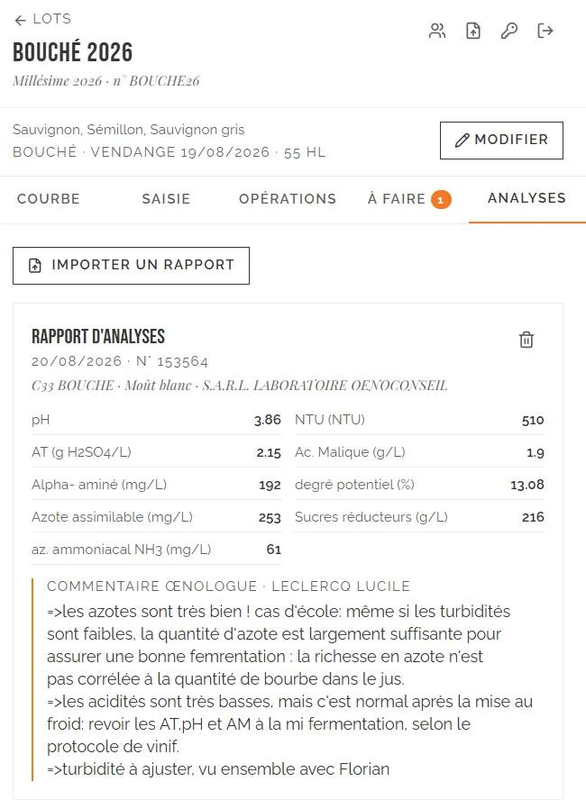 Application de suivi de vinification sur mobile, du chai au laboratoire — Analyse oenologique